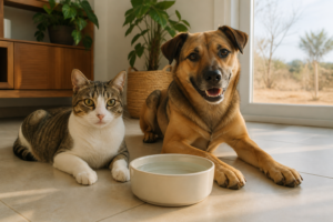 Cão e gato descansando ao lado de uma tigela com água em ambiente iluminado durante o tempo seco.