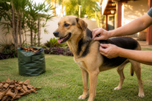 Tutor examina a pelagem de um cão enquanto recolhe folhas secas do quintal.
