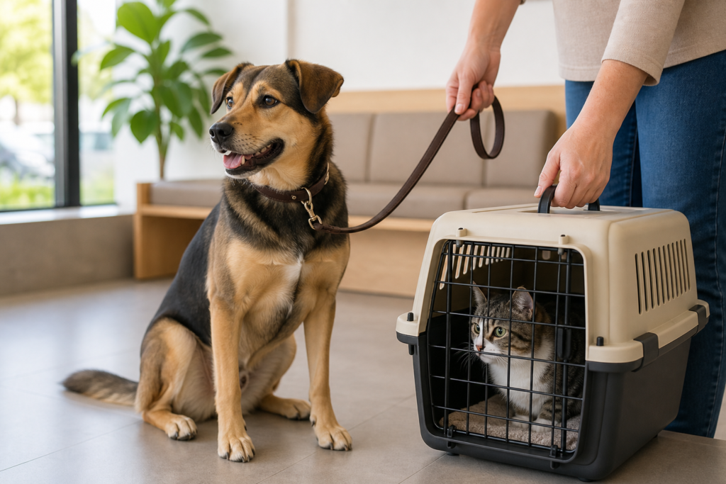 Cão com guia e gato em caixa de transporte aguardando atendimento veterinário.