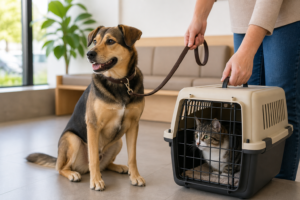 Cão com guia e gato em caixa de transporte aguardando atendimento veterinário.