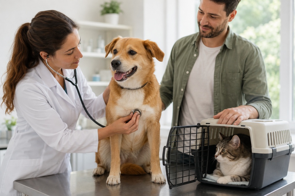 Médica-veterinária examina o coração de um cão ao lado de um gato e seu tutor.