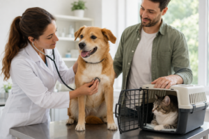 Médica-veterinária examina o coração de um cão ao lado de um gato e seu tutor.