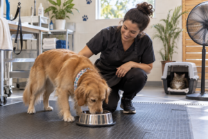 Groomer oferece água a um cão durante uma pausa em ambiente ventilado.