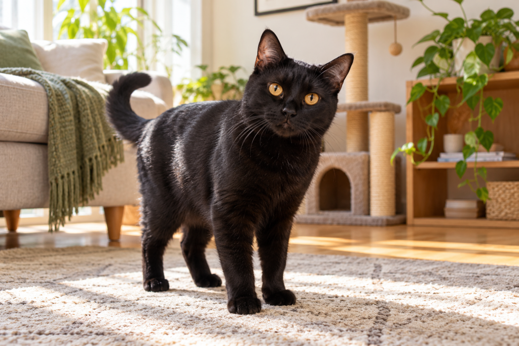 Gato preto em uma sala iluminada com arranhador ao fundo