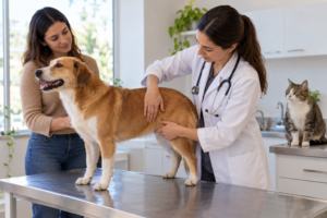 Veterinária avalia a condição corporal de um cão enquanto tutora e gato acompanham